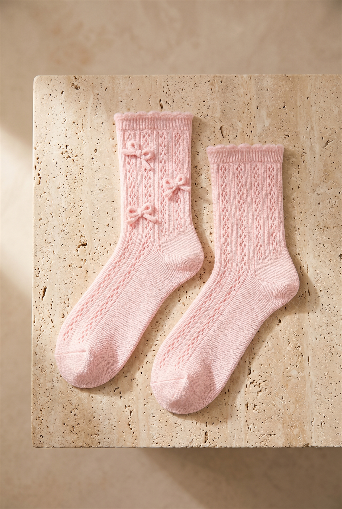 Kadın Örgü Fiyonklu Triko Çorap Pembe