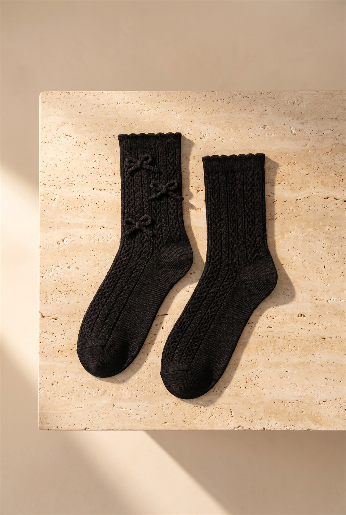 Kadın Örgü Fiyonklu Triko Soket Çorap Siyah