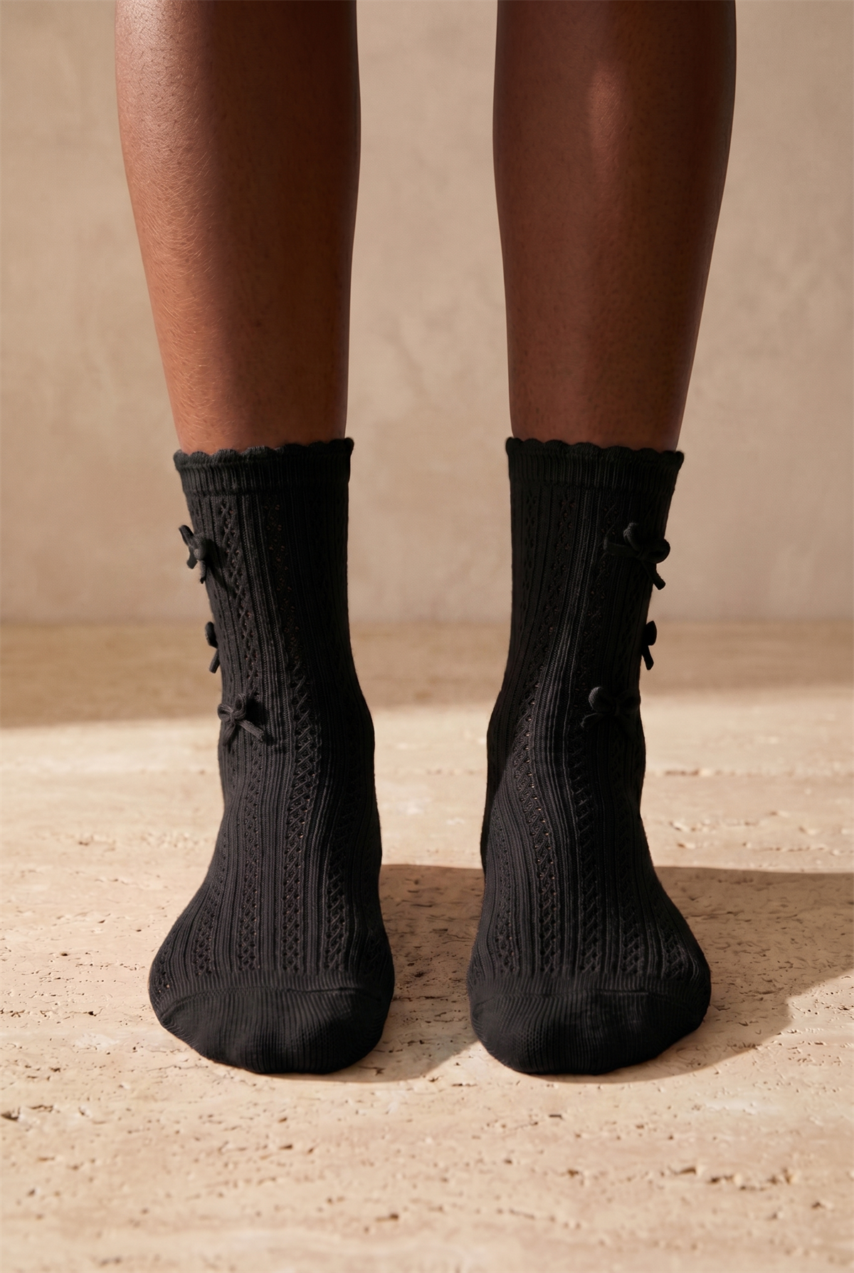 Kadın Örgü Fiyonklu Triko Soket Çorap Siyah