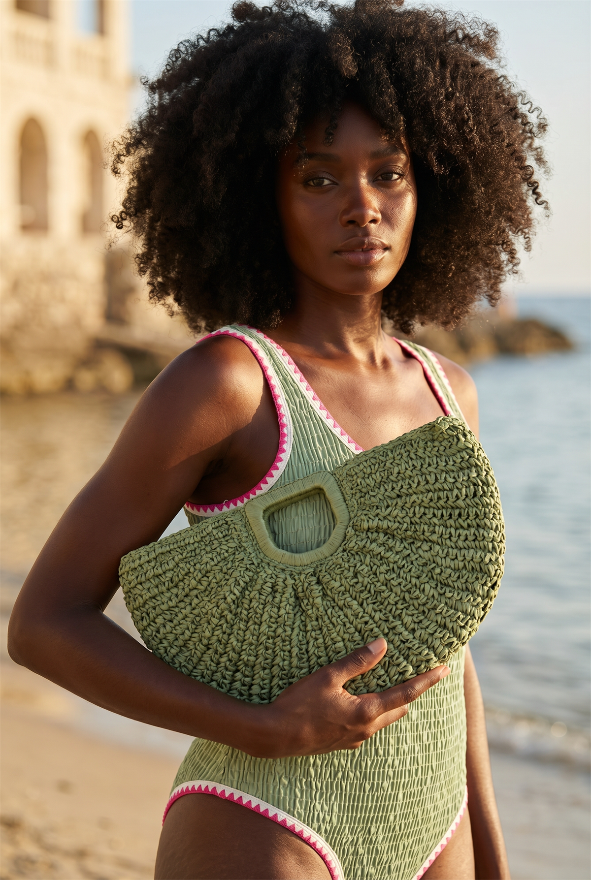 Womens Knitted Straw Bag Green