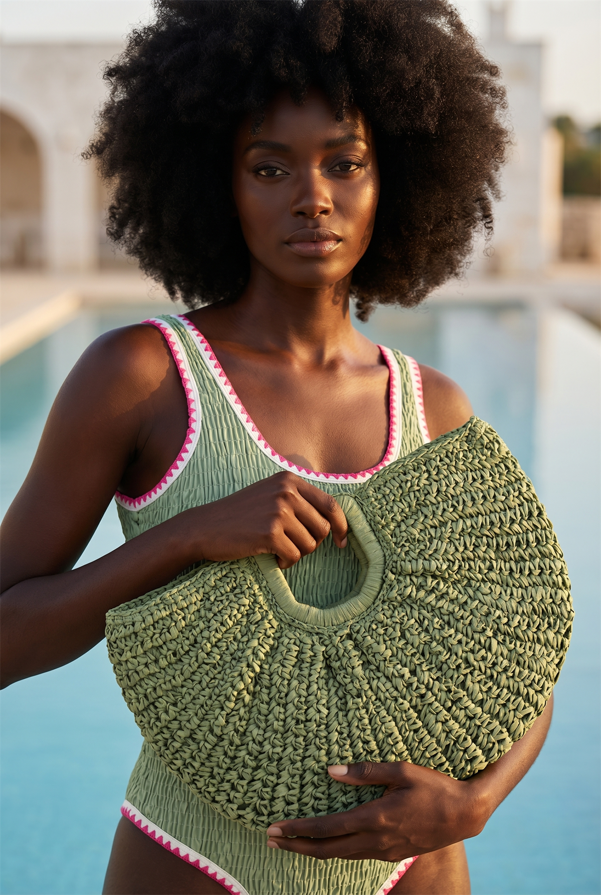 Womens Knitted Straw Bag Green