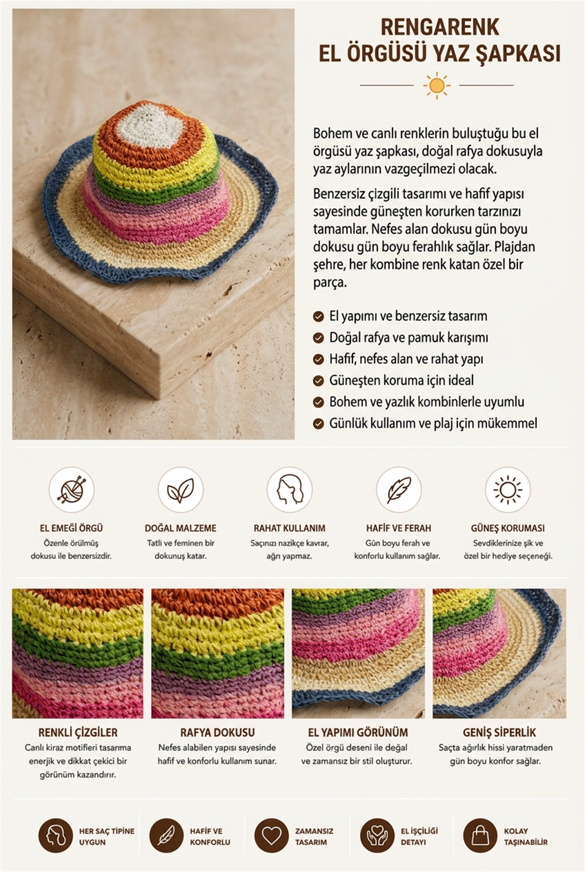 Kadın Örgü Hasır Şapka Sarı
