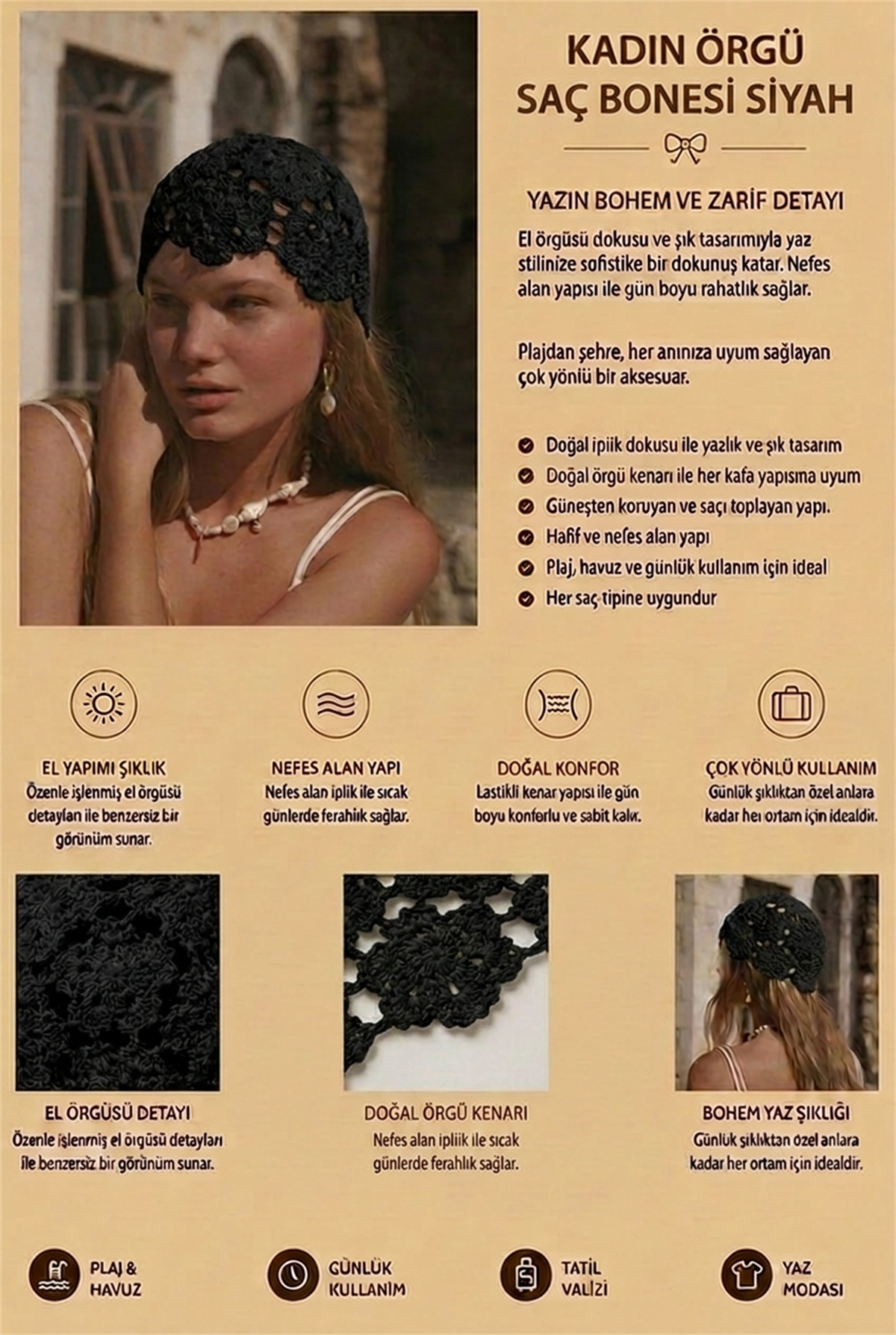 Kadın Örgü Saç Bonesi Siyah