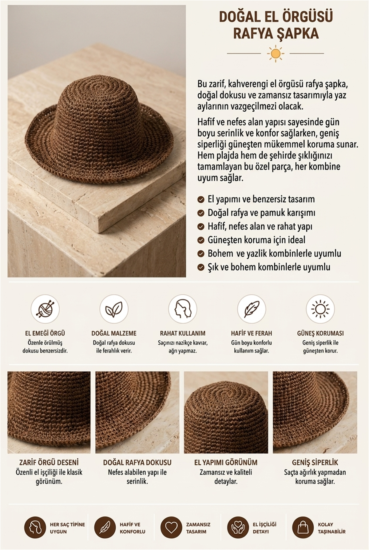 Kadın Örgülü Hasır Şapka Koyu Kahve