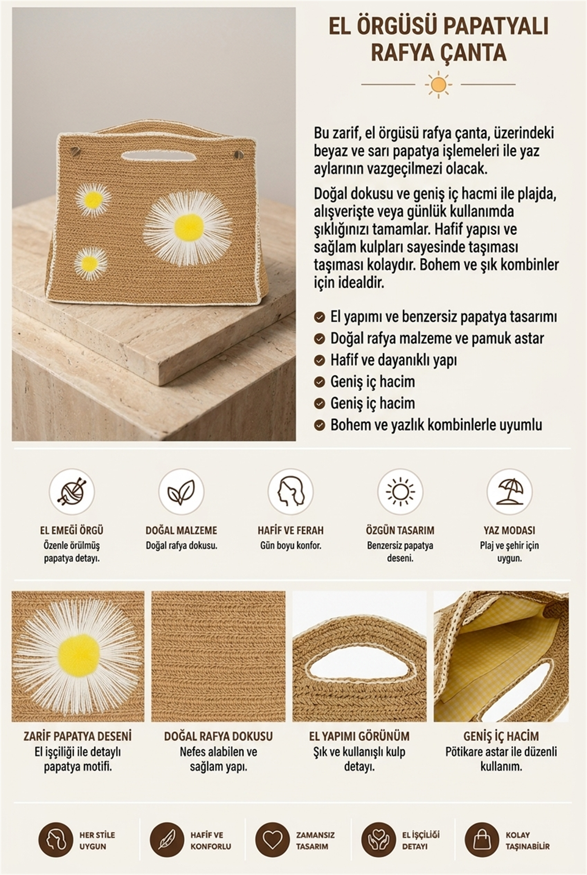 Kadın Papatya İşlemeli Büyük Boy Hasır El Çantası