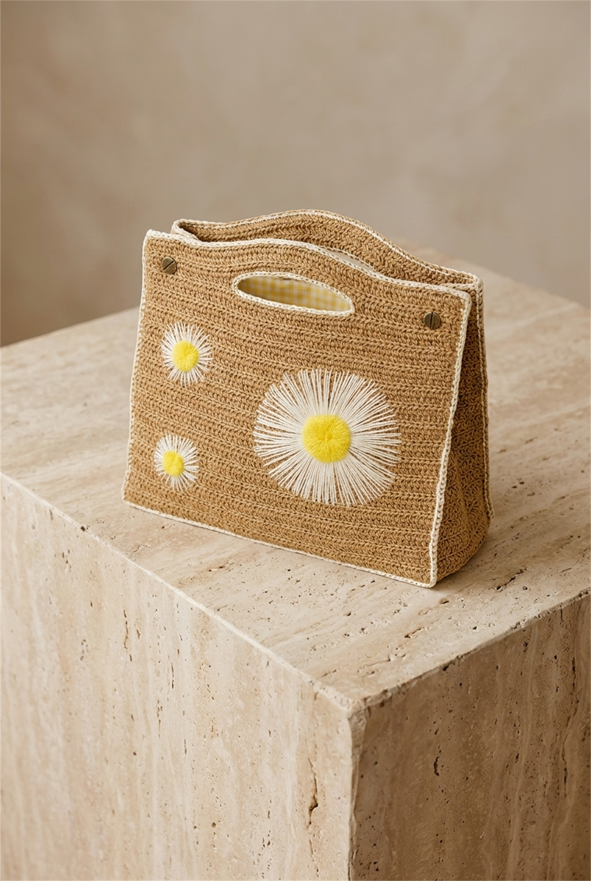 Womens Large Daisy Embroidered Straw Bag