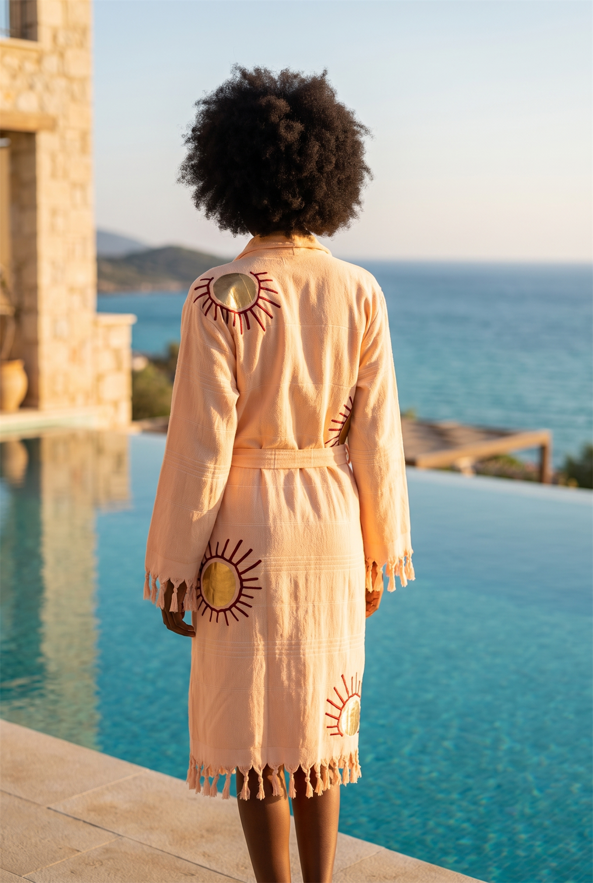 Womens Pink Colored Sun Detailed Peshtemal Bathrobe