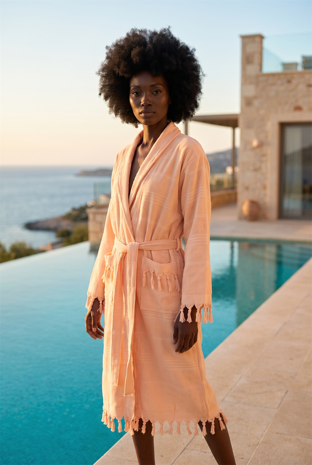 Womens Pink Colored Sun Detailed Peshtemal Bathrobe