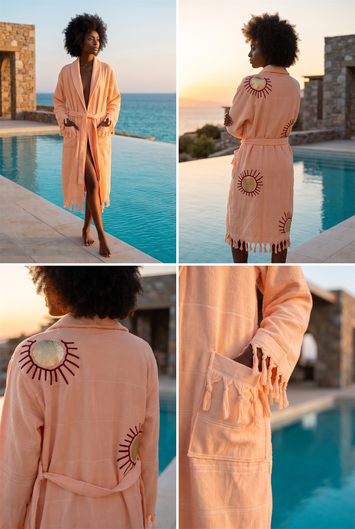 Womens Pink Colored Sun Detailed Peshtemal Bathrobe
