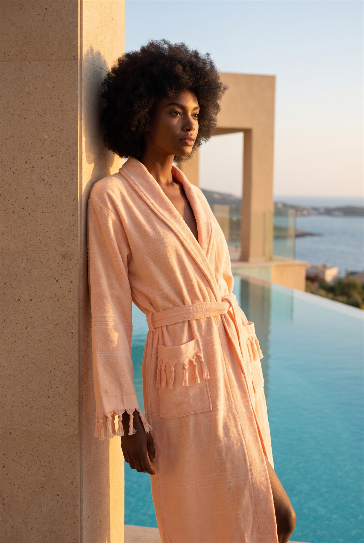 Womens Pink Colored Sun Detailed Peshtemal Bathrobe