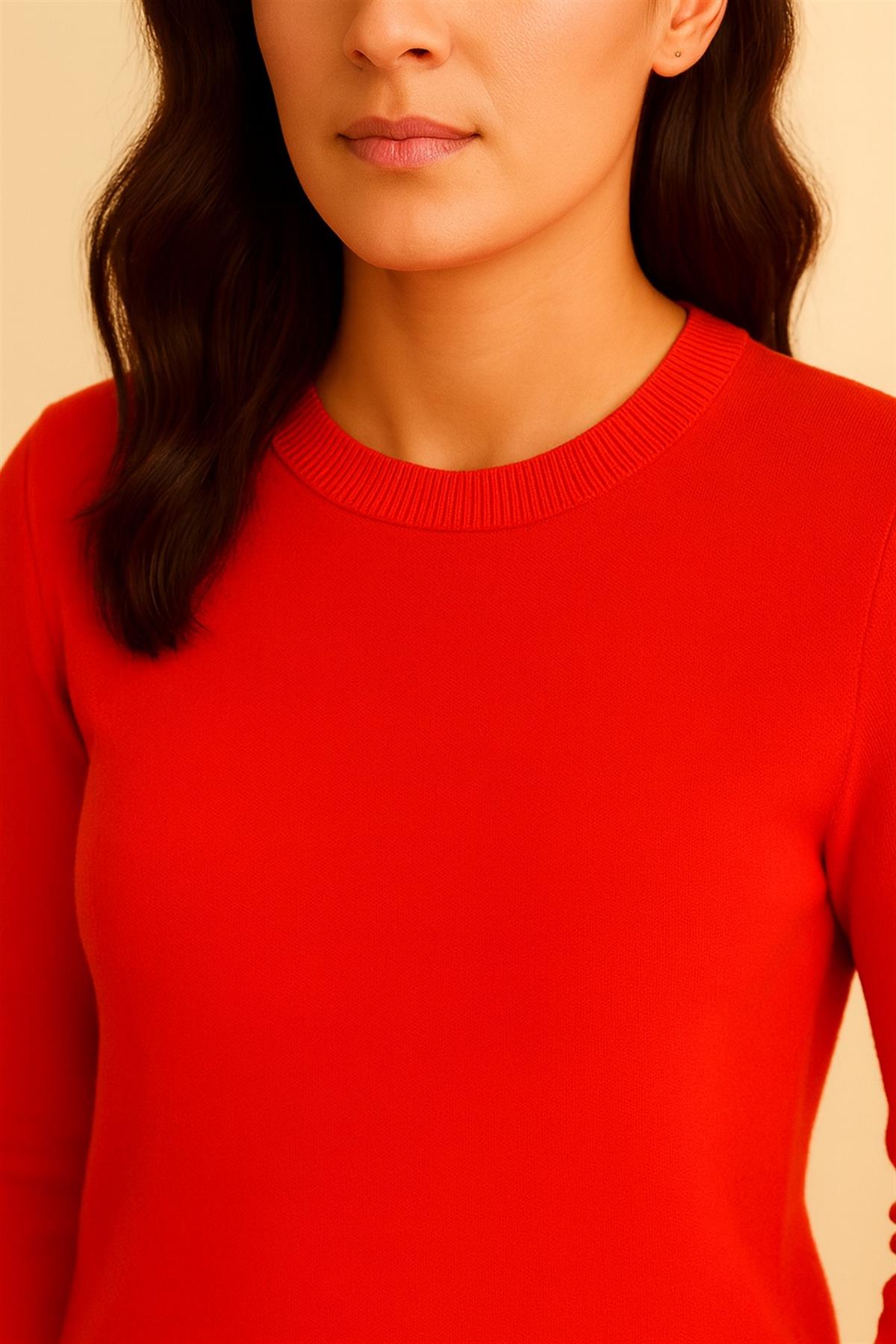 Kadın Premium Bisiklet Yaka Yumuşak Dokulu Triko Kazak Turuncu