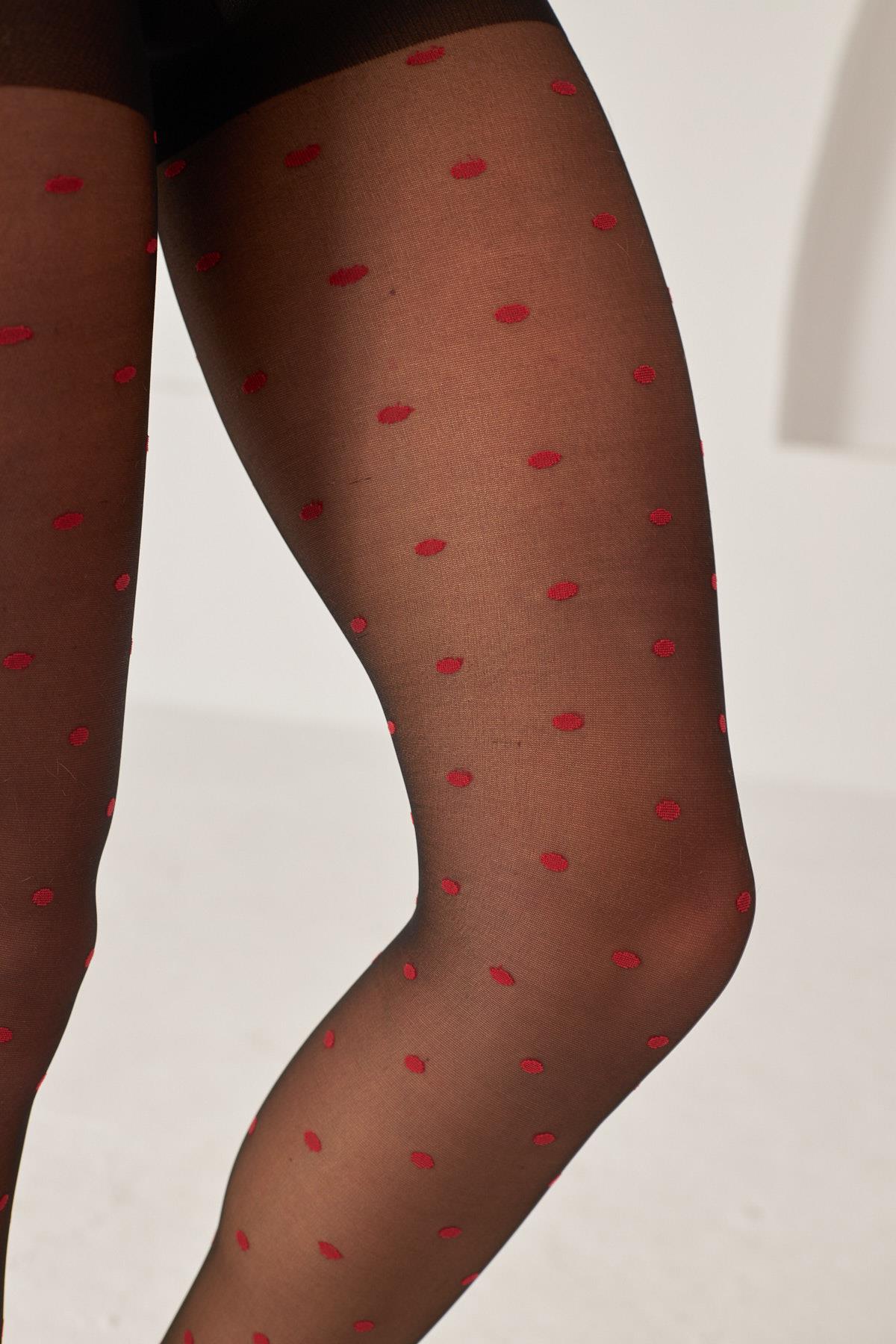 Womens Red Polka Dot Thin Tights BLACK