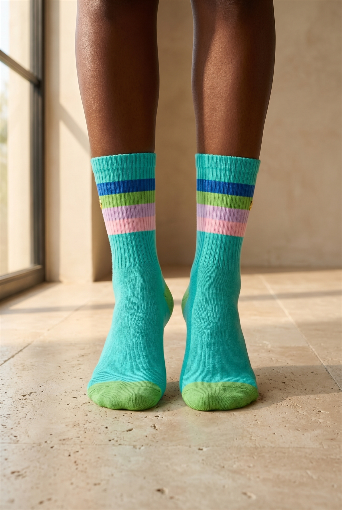 Kadın Renkli Şeritli Soket Çorap Turkuaz