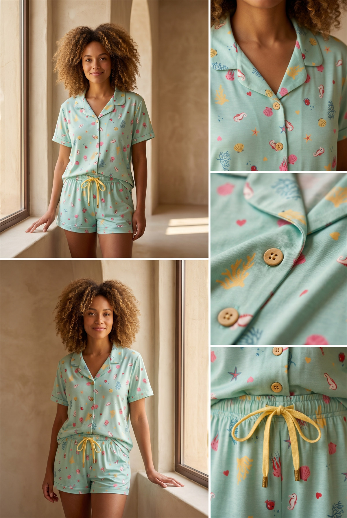 Kadın Sea La Vie Denizaltı Desenli Düğmeli Pijama Takımı Mavi