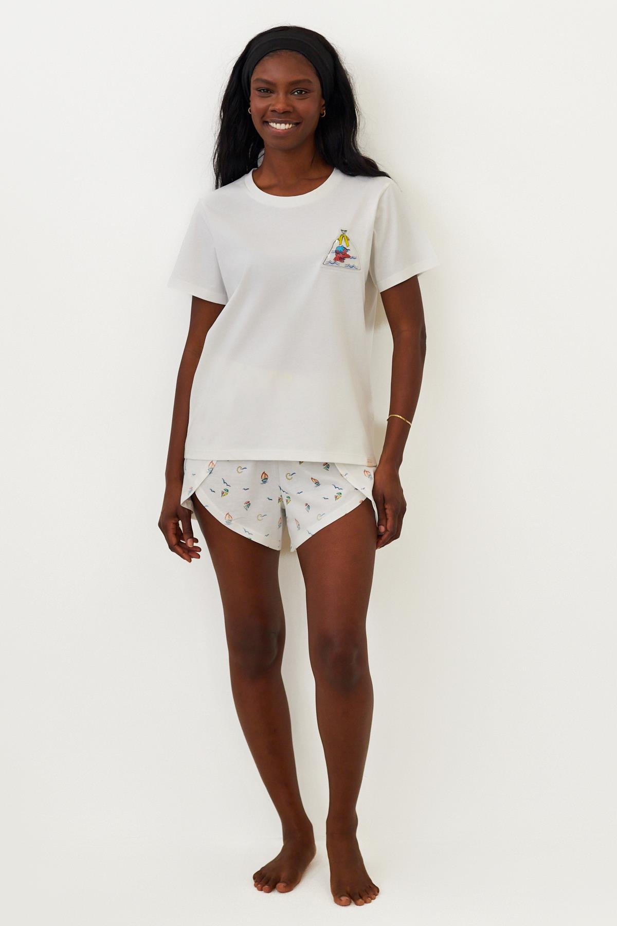 Kadın Seageo Balıklı Şortlu Pijama Takımı Ekru