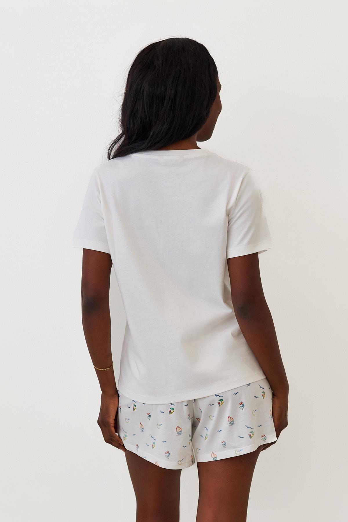 Kadın Seageo Balıklı Şortlu Pijama Takımı Ekru