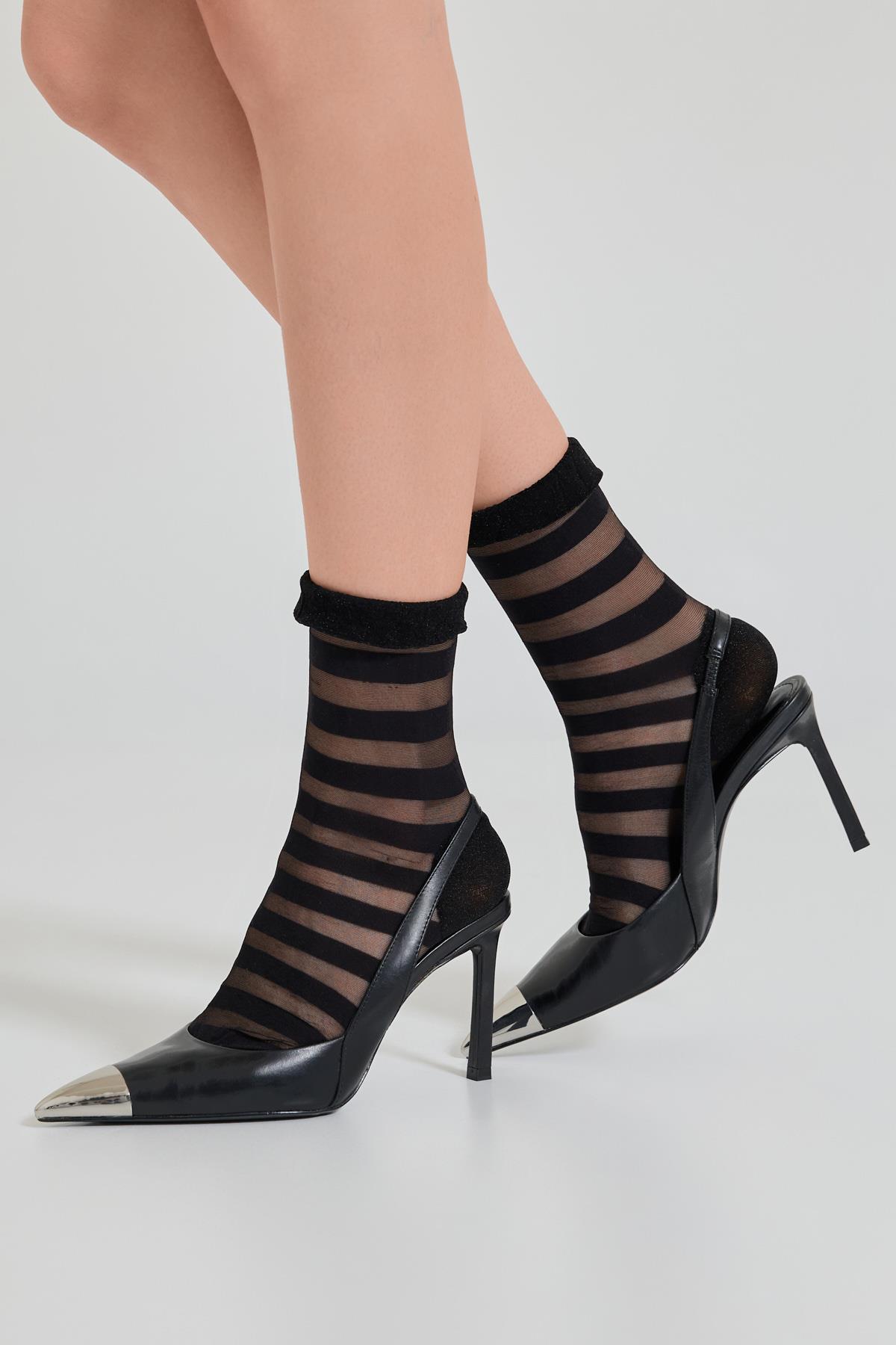 Womens Stripe Patterned Thin Sock Black