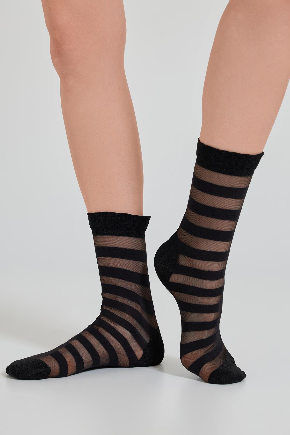 Womens Stripe Patterned Thin Sock Black