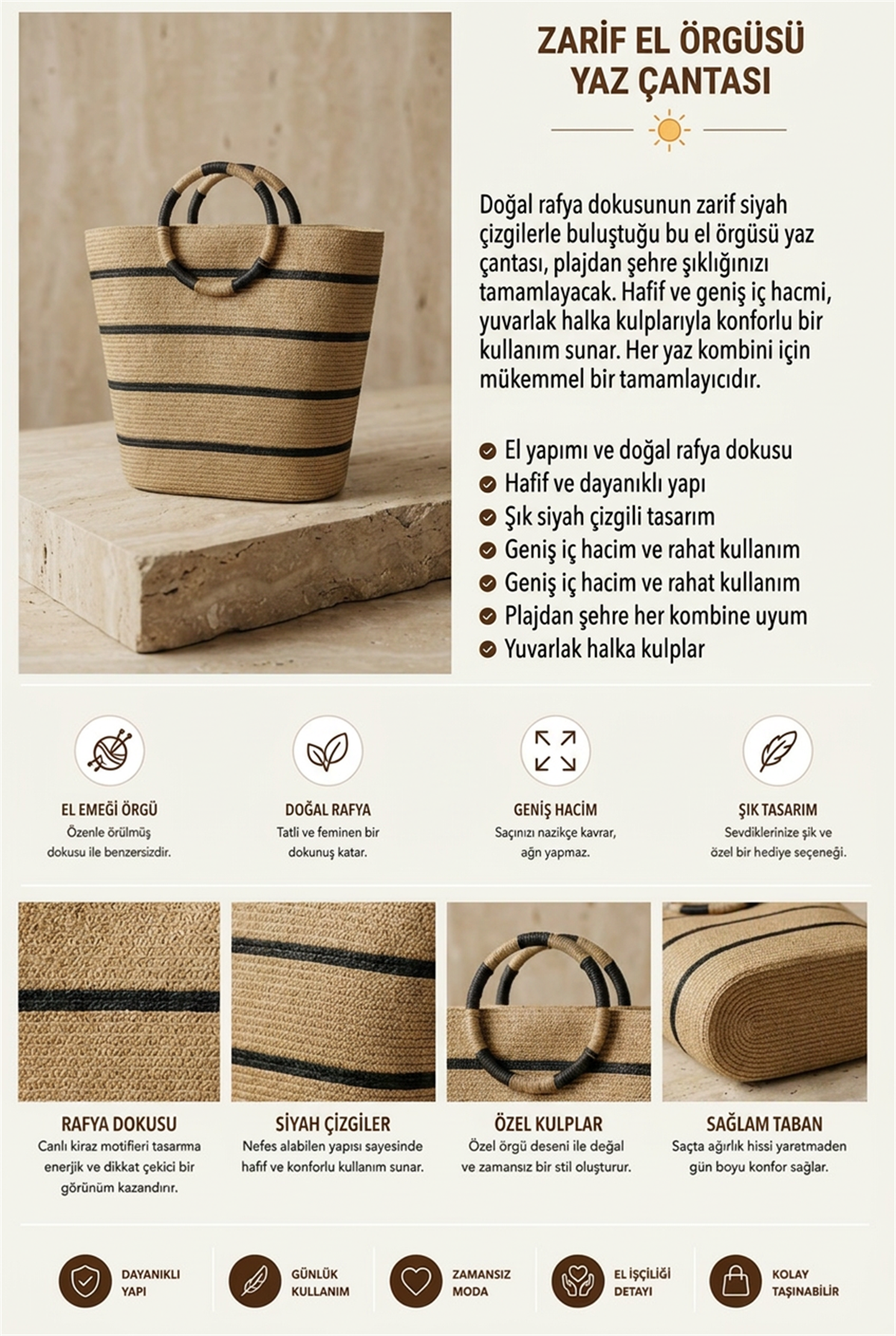 Kadın Şerit Detaylı Hasır Çanta Camel
