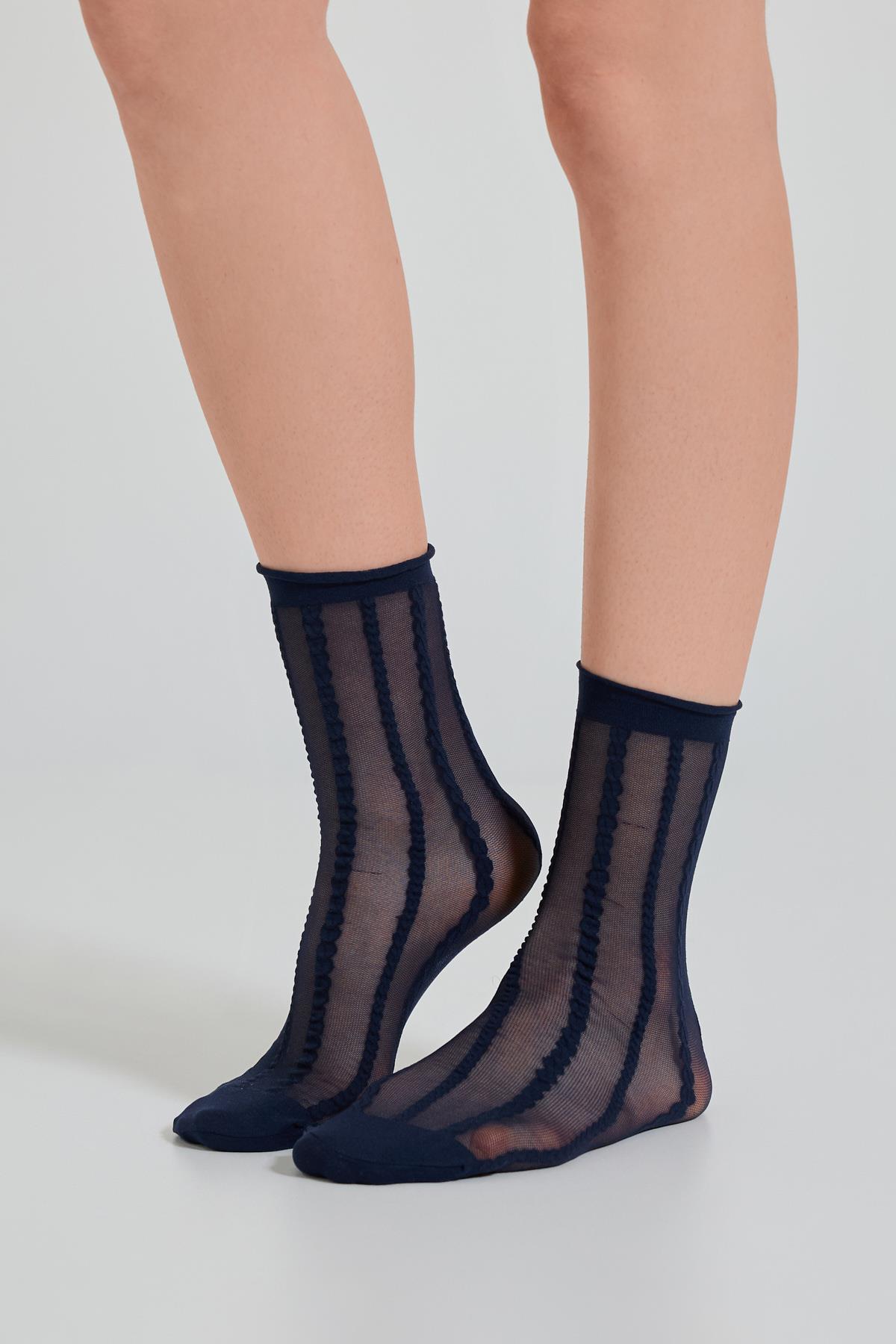 Womens Striped Thin Socket Socks Navy Blue