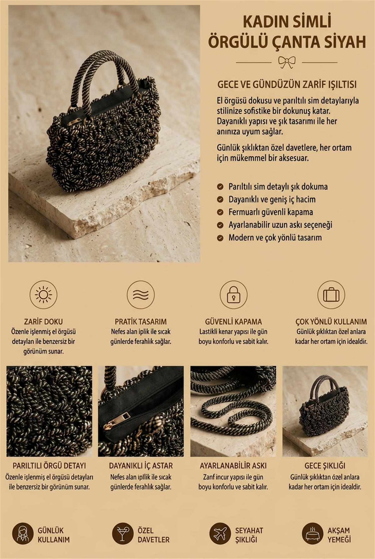 Kadın Simli Örgülü Çanta Siyah