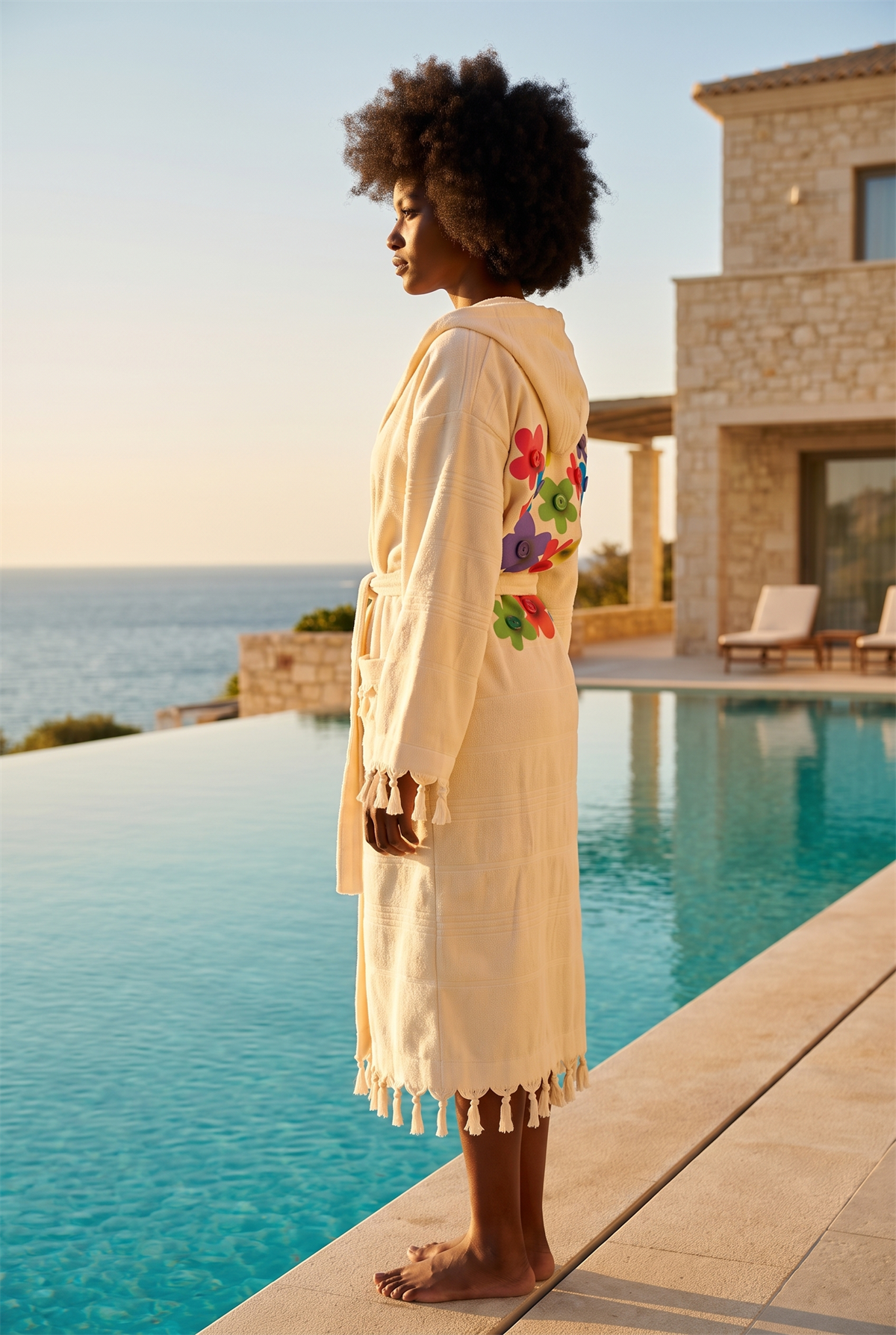 Womens Ecru Colored Peshtemal Bathrobe With Flower Pattern On The Back