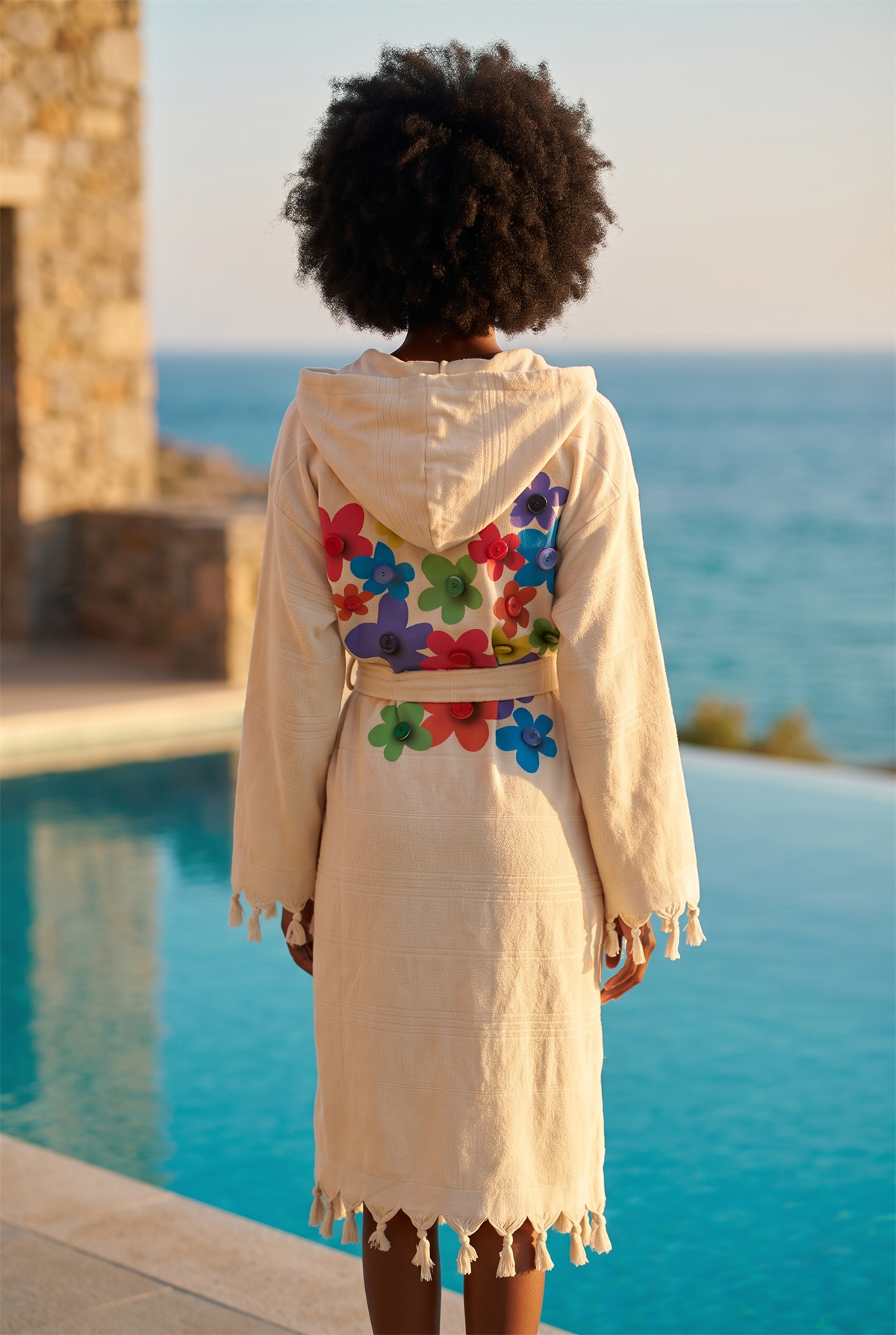 Womens Ecru Colored Peshtemal Bathrobe With Flower Pattern On The Back