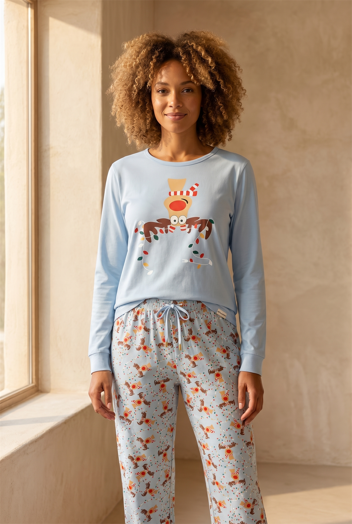 Kadın Sweet Dreams Kutulu Geyik Desenli Mavi  Pijama Takımı