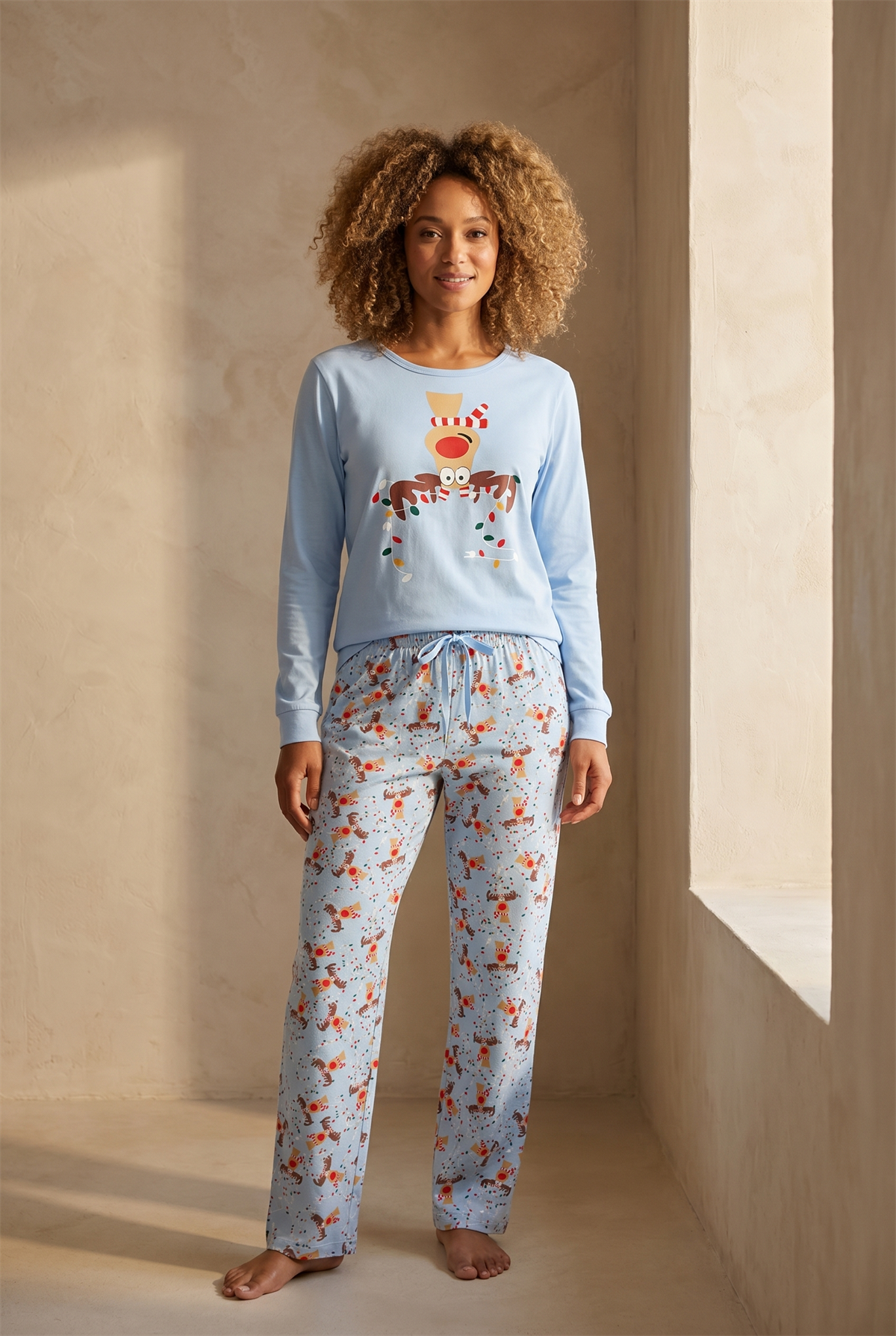 Kadın Sweet Dreams Kutulu Geyik Desenli Mavi  Pijama Takımı