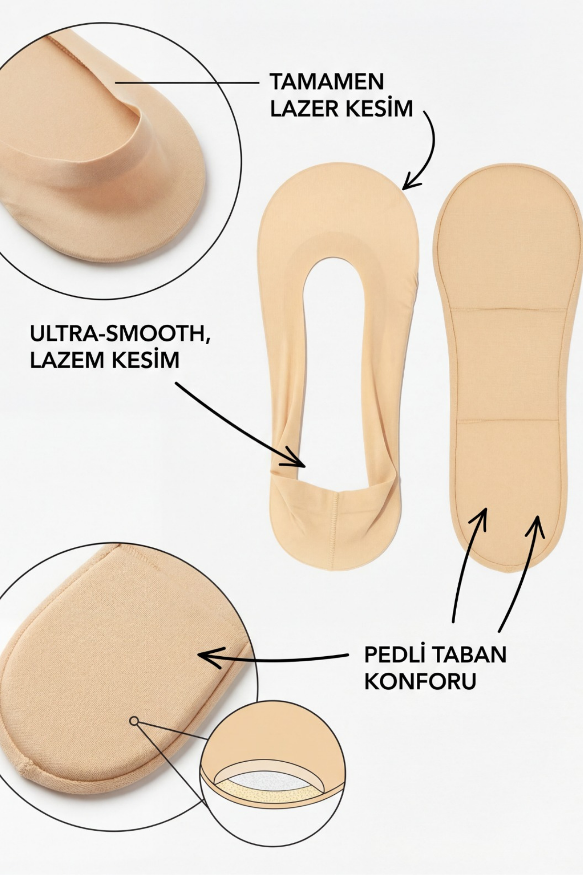 Kadın Tabanı Pedli Lazer Kesim Görünmez Çorap Ten