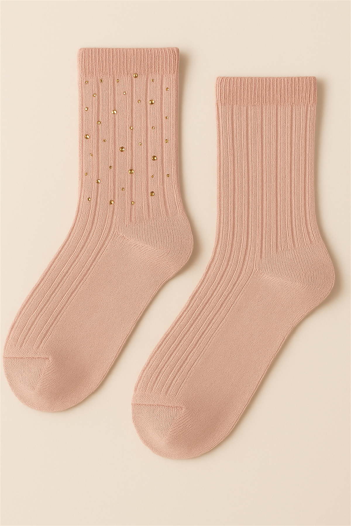 Kadın Taş Aksesuarlı Fitilli Yün Soket Çorap Pembe