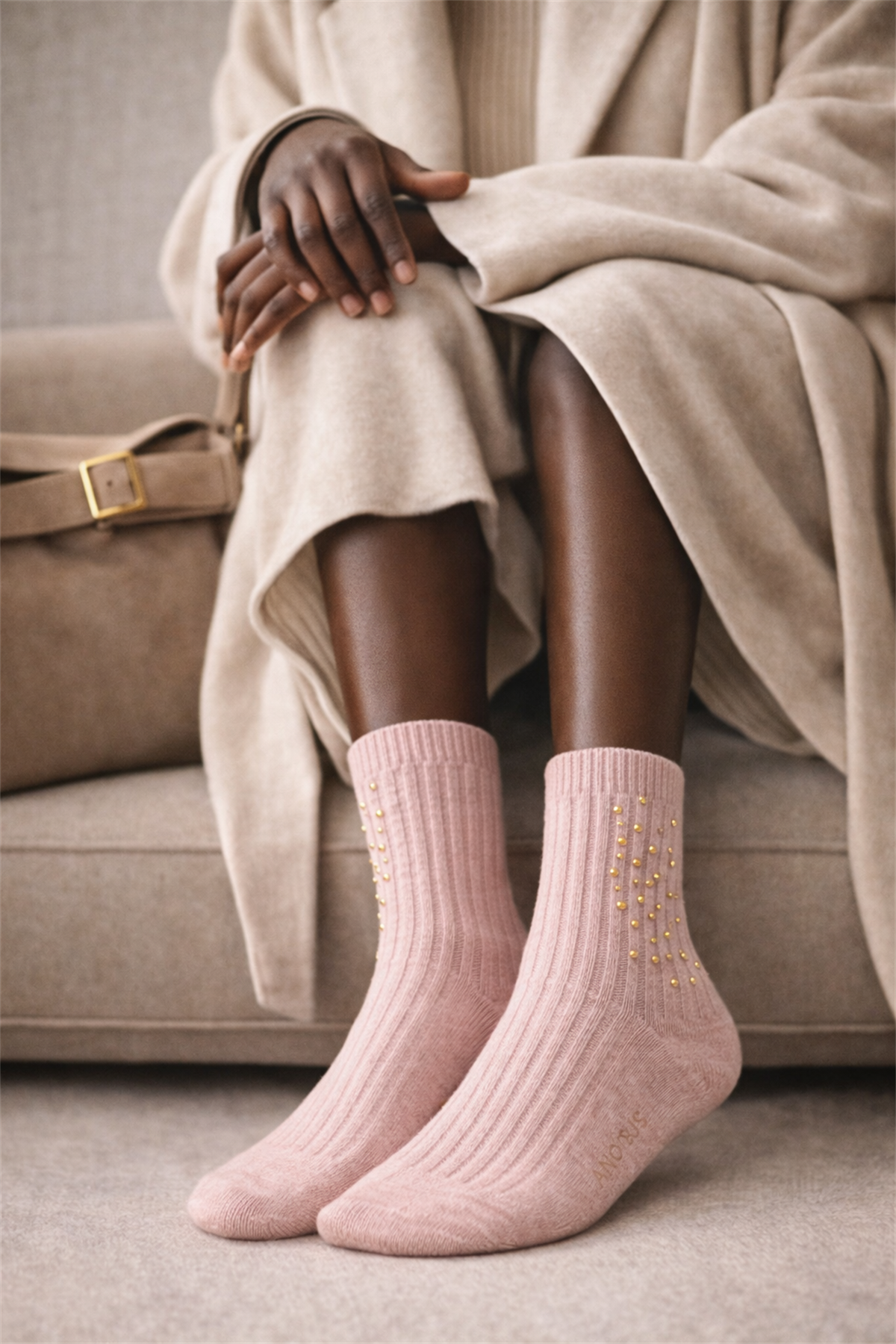 Kadın Taş Aksesuarlı Fitilli Yün Soket Çorap Pembe