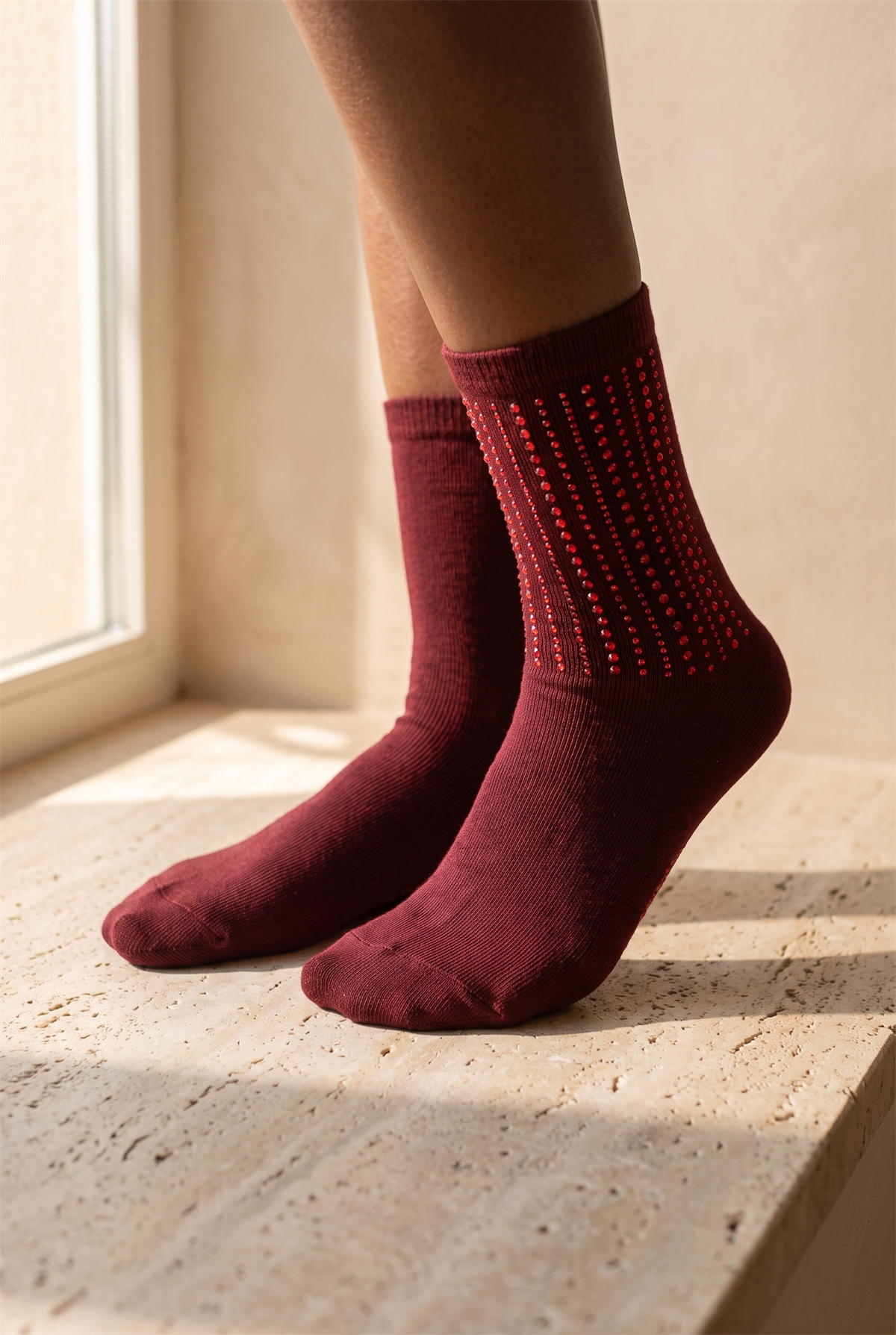 Womens Socks Wıth Stone Accessory Claret Red