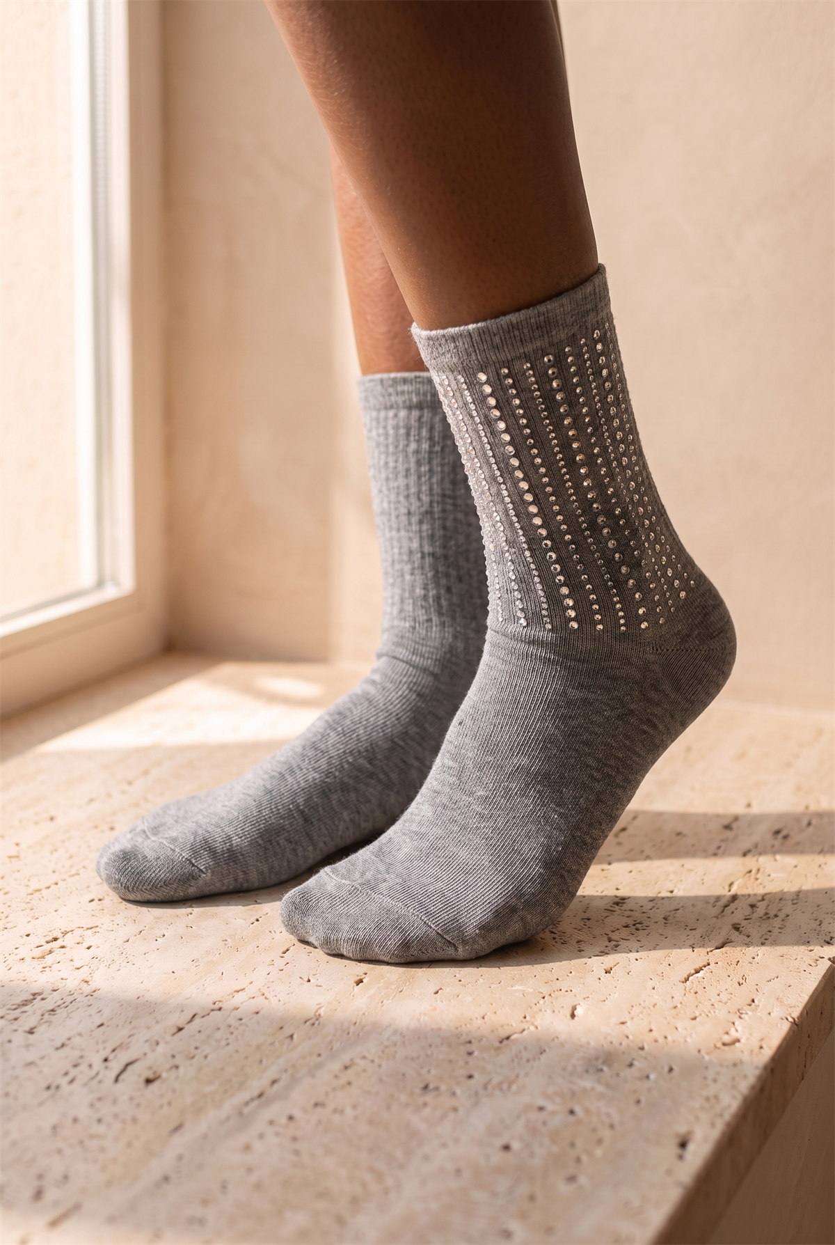 Womens Socket Socks Wıth Stone Accessory Gray