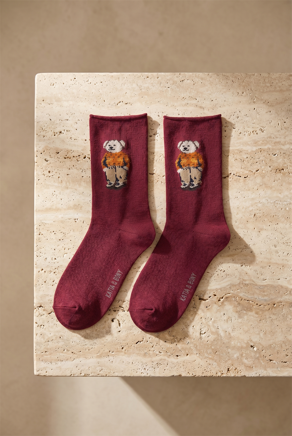 Kadın Teddy Desenli Lastiksiz Modal Soket Çorap Bordo