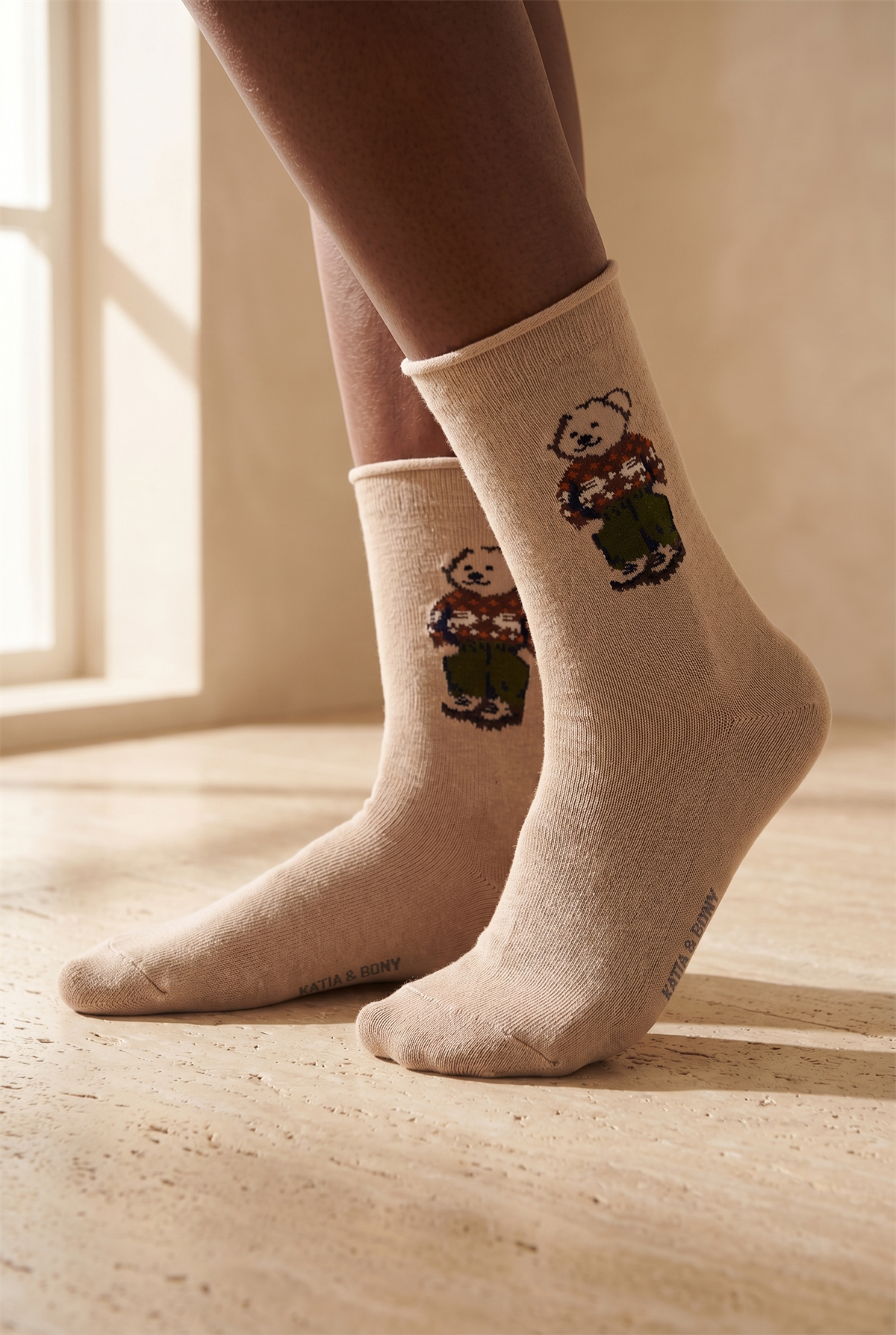 Kadın Teddy Desenli Lastiksiz Modal Soket Çorap Açık Kahverengi