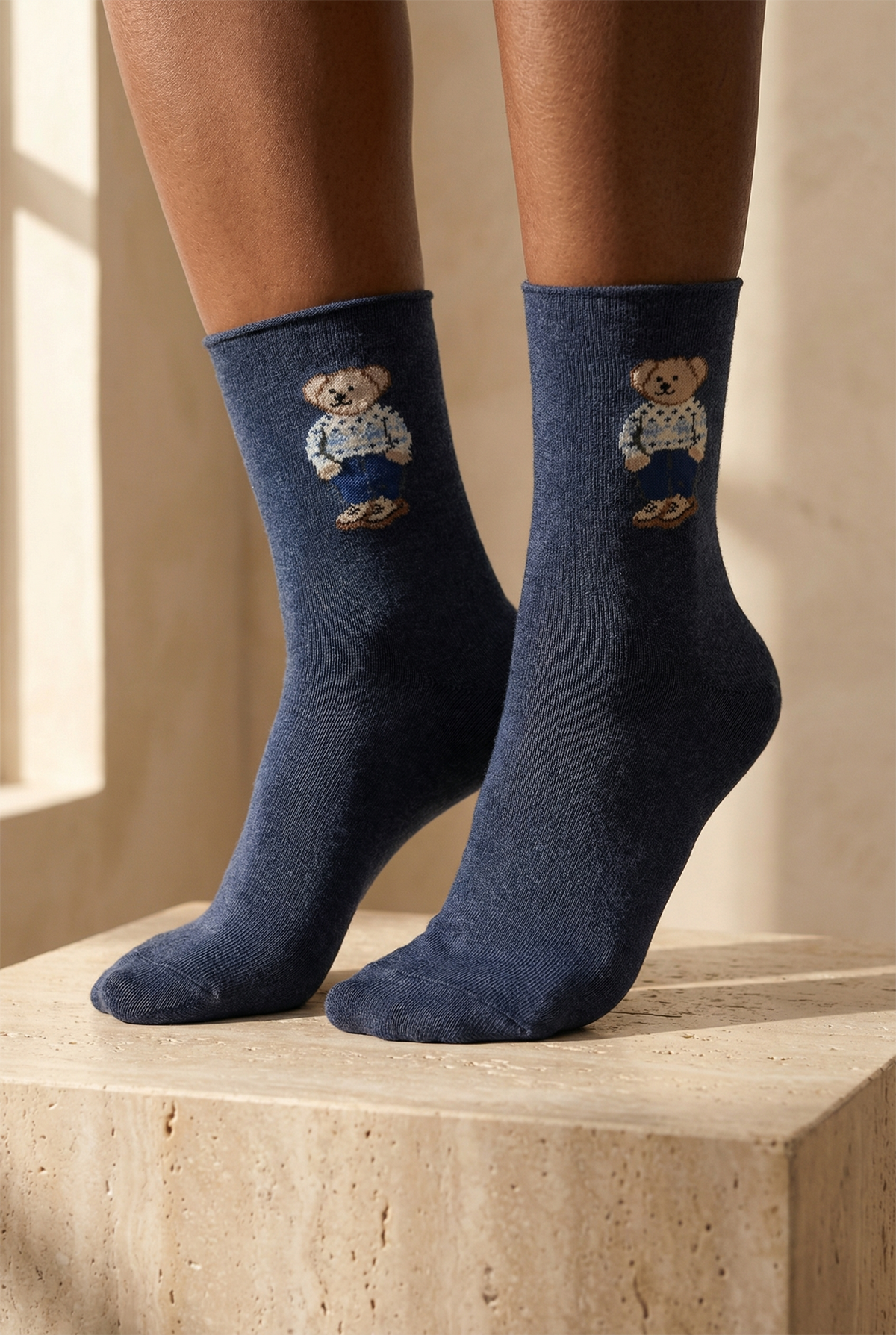 Kadın Teddy Desenli Lastiksiz Modal Soket Çorap Lacivert