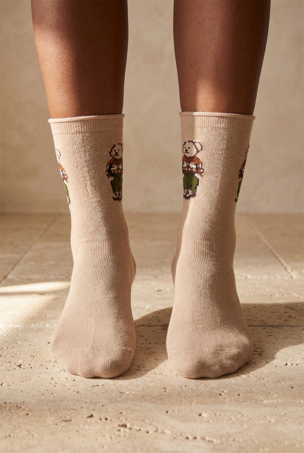 Kadın Teddy Desenli Lastiksiz Modal Soket Çorap Açık Kahverengi