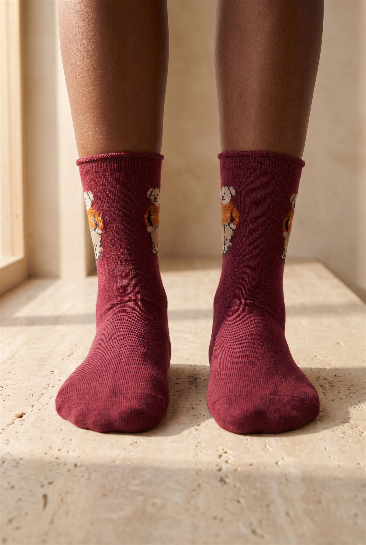 Kadın Teddy Desenli Lastiksiz Modal Soket Çorap Bordo