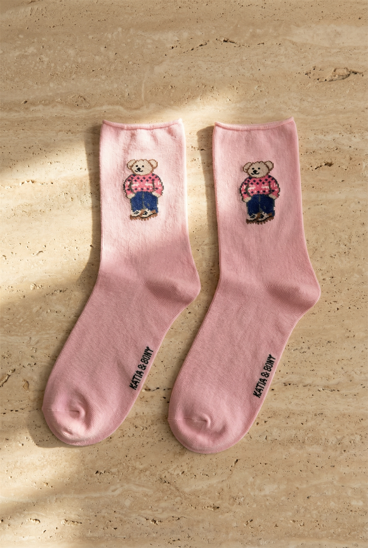 Kadın Teddy Desenli Lastiksiz Modal Soket Çorap Açık Pembe