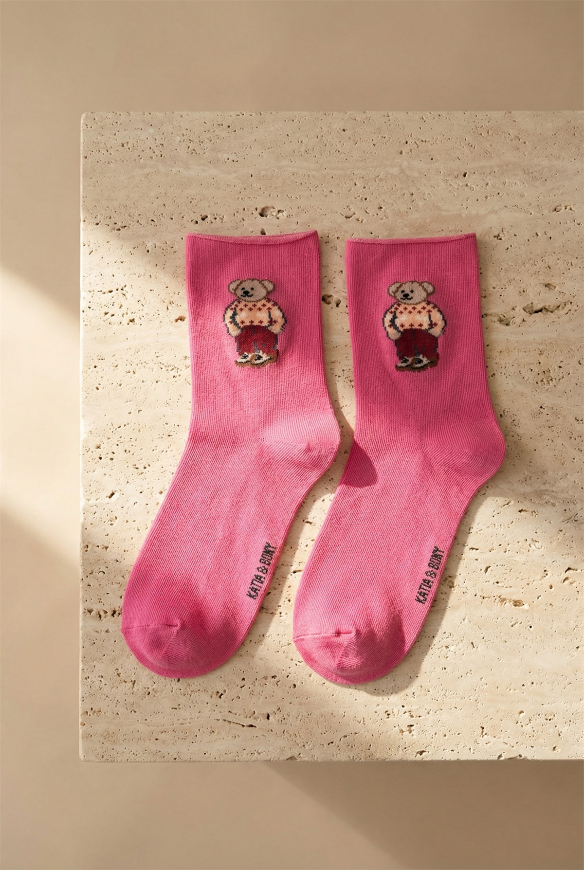 Kadın Teddy Desenli Lastiksiz Modal Soket Çorap Pembe