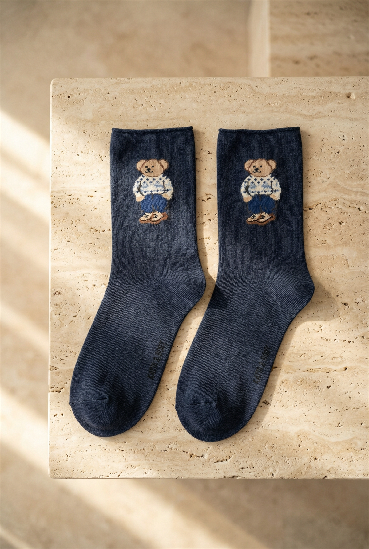 Kadın Teddy Desenli Lastiksiz Modal Soket Çorap Lacivert