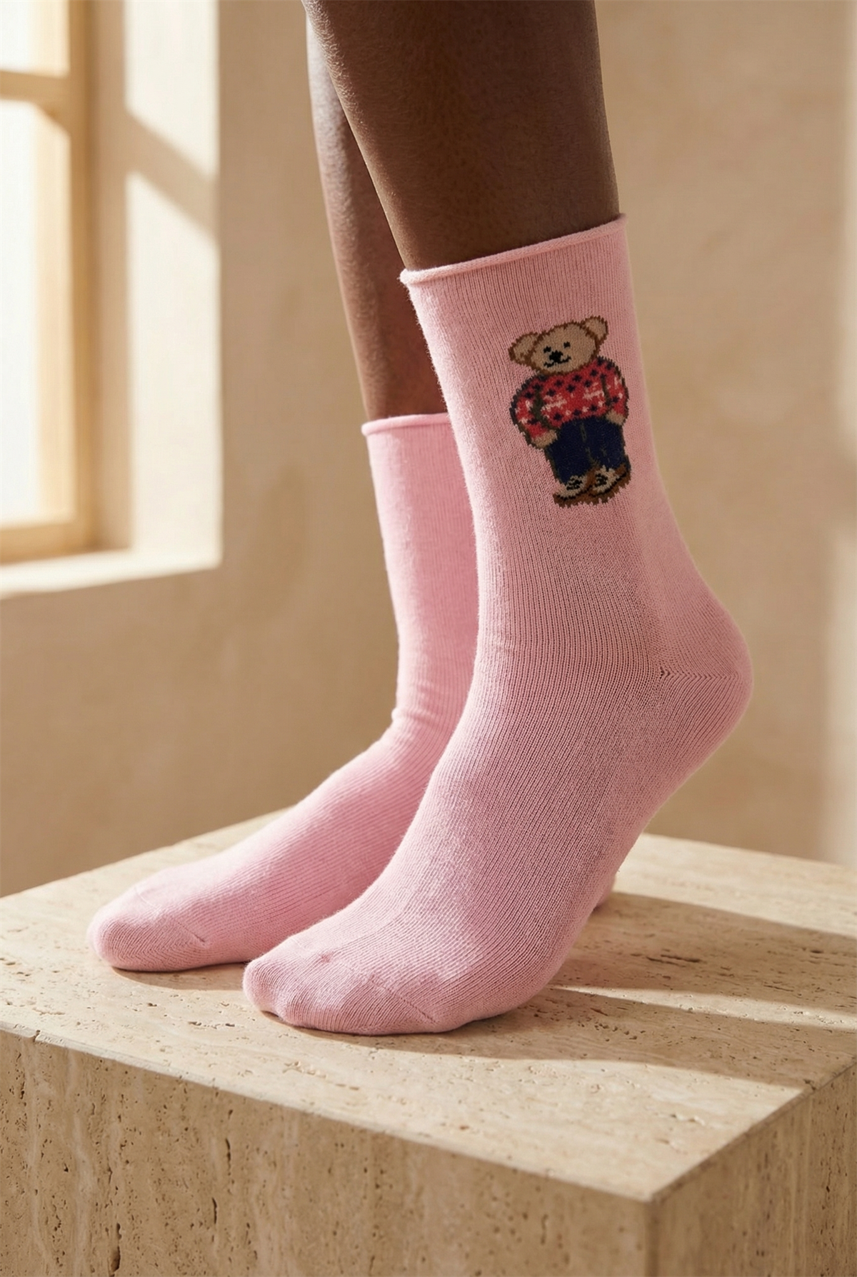 Kadın Teddy Desenli Lastiksiz Modal Soket Çorap Açık Pembe