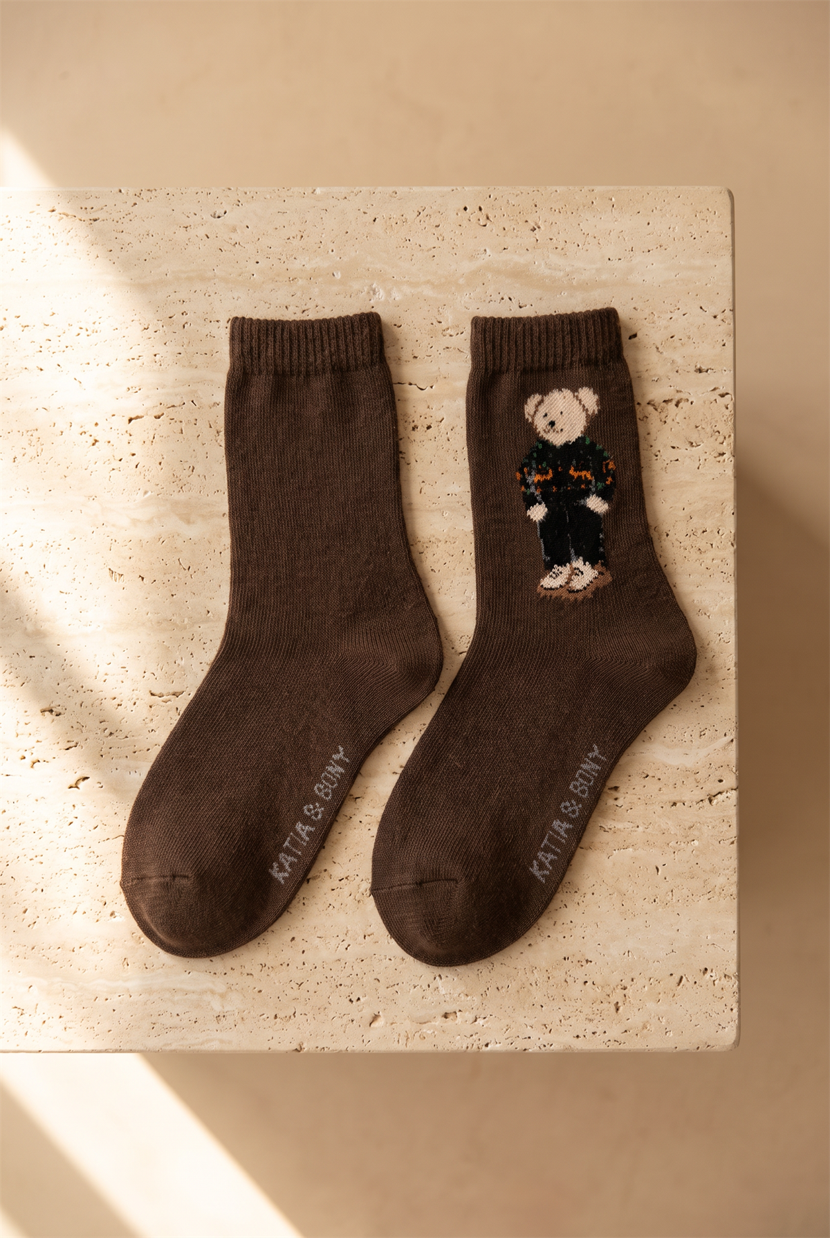 Kadın Teddy Desenli Yün Soket Çorap Kahverengi