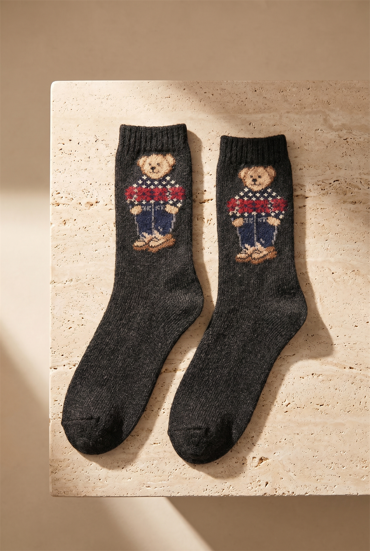 Kadın Teddy Desenli Yün Soket Çorap Siyah