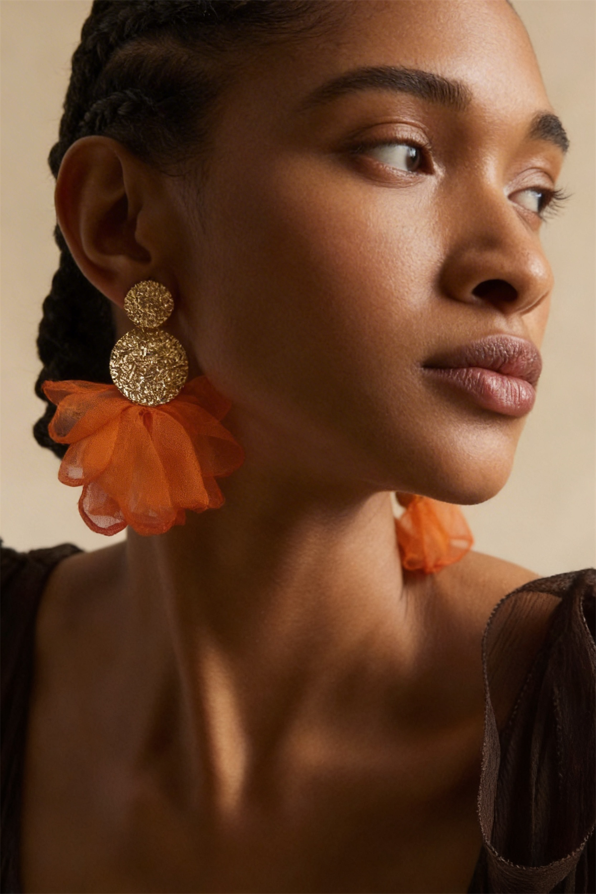 Womens Orange Tulle Detailed Gold Earrings