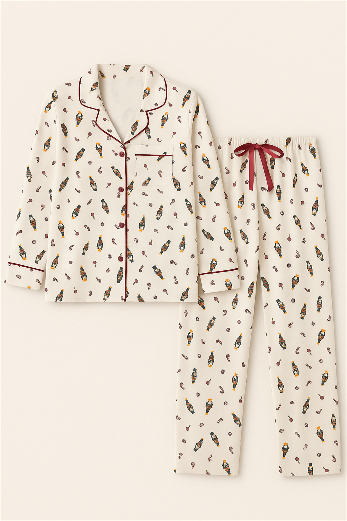 Kadın Yılbaşı Temalı Pijama Takımı Ekru