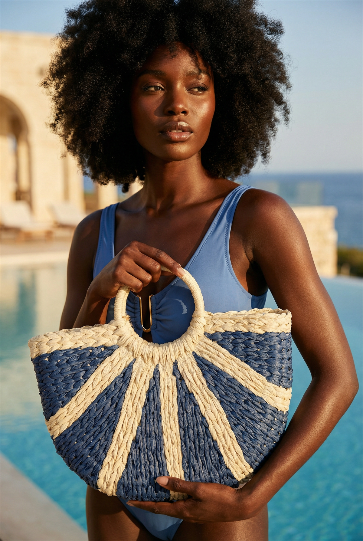 Womens Fan Straw Bag Navy Blue