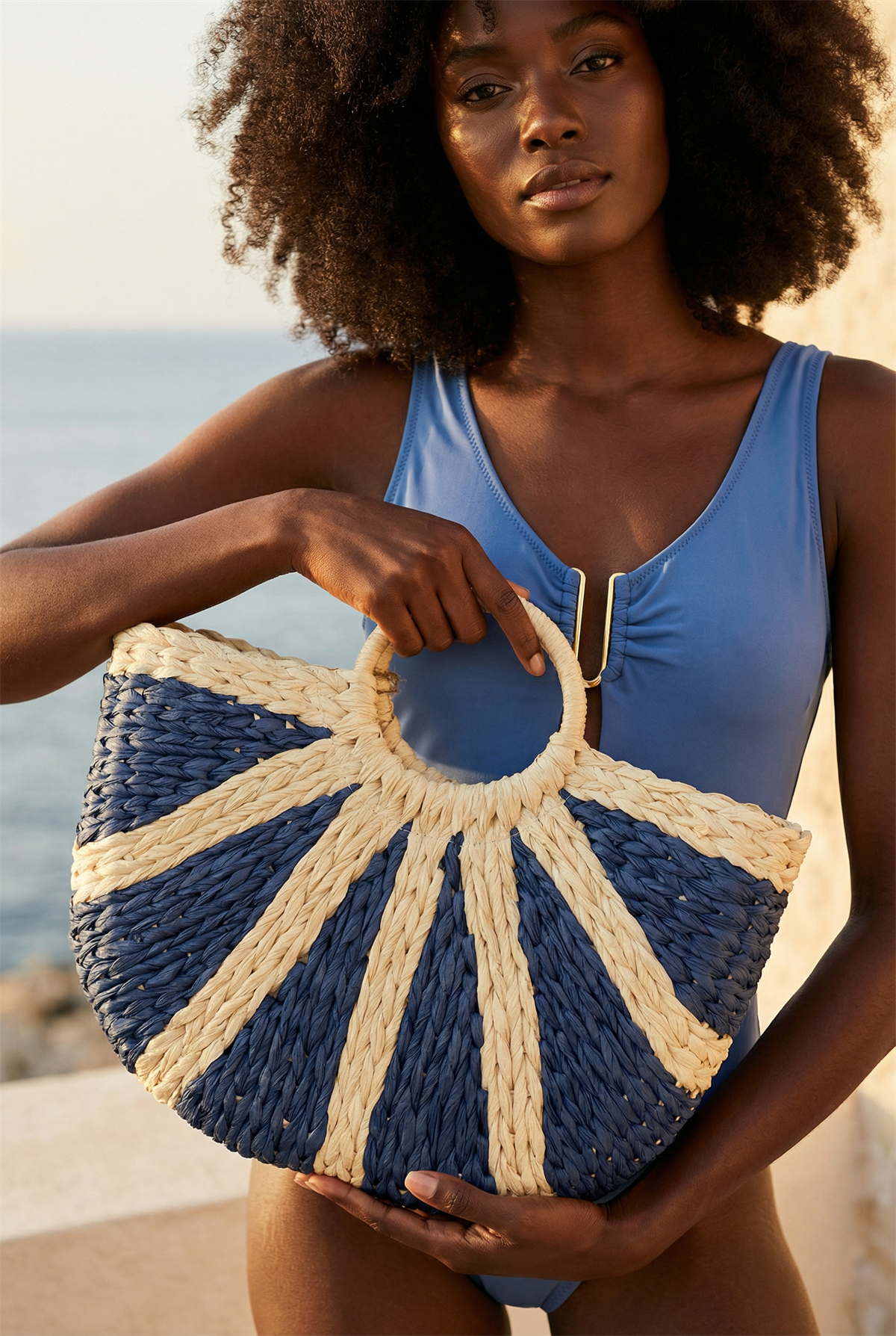 Womens Fan Straw Bag Navy Blue