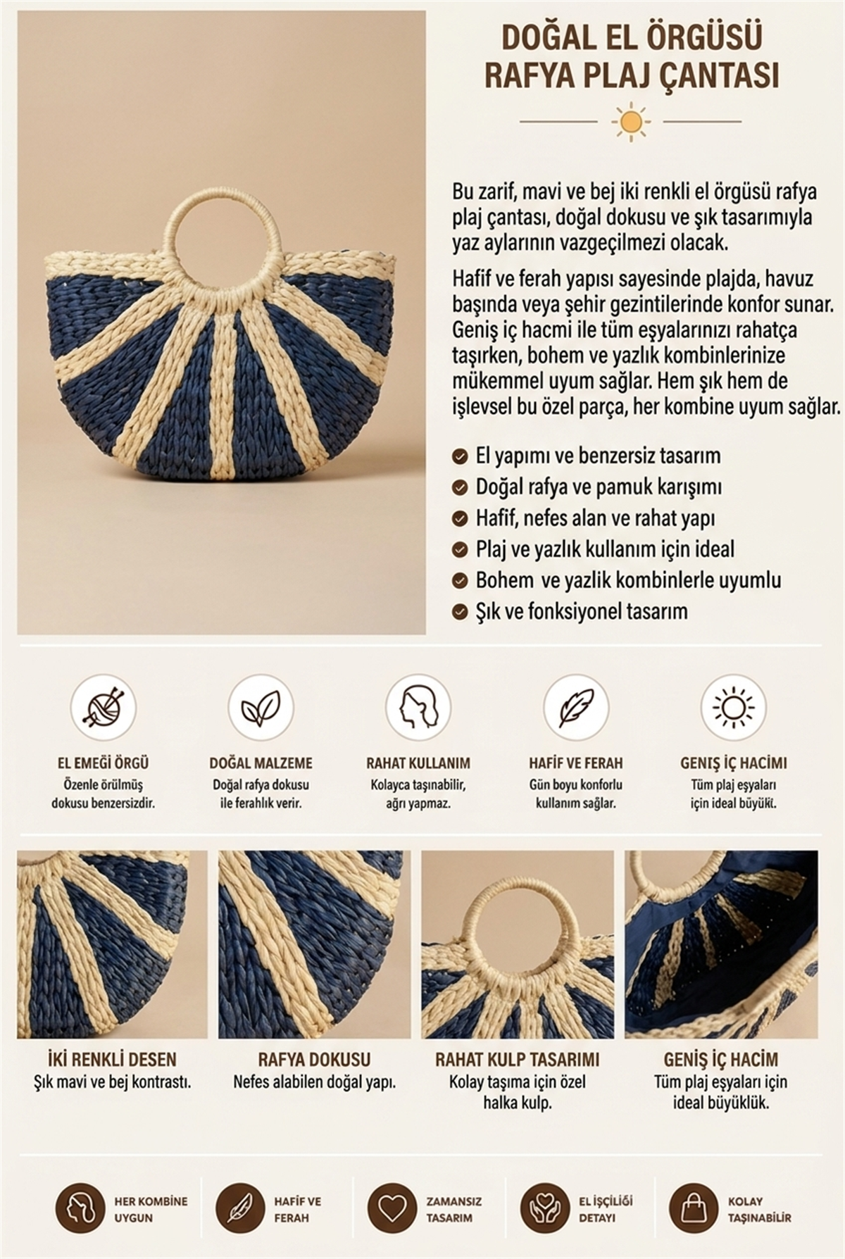 Kadın Yelpaze Hasır Çanta Lacivert